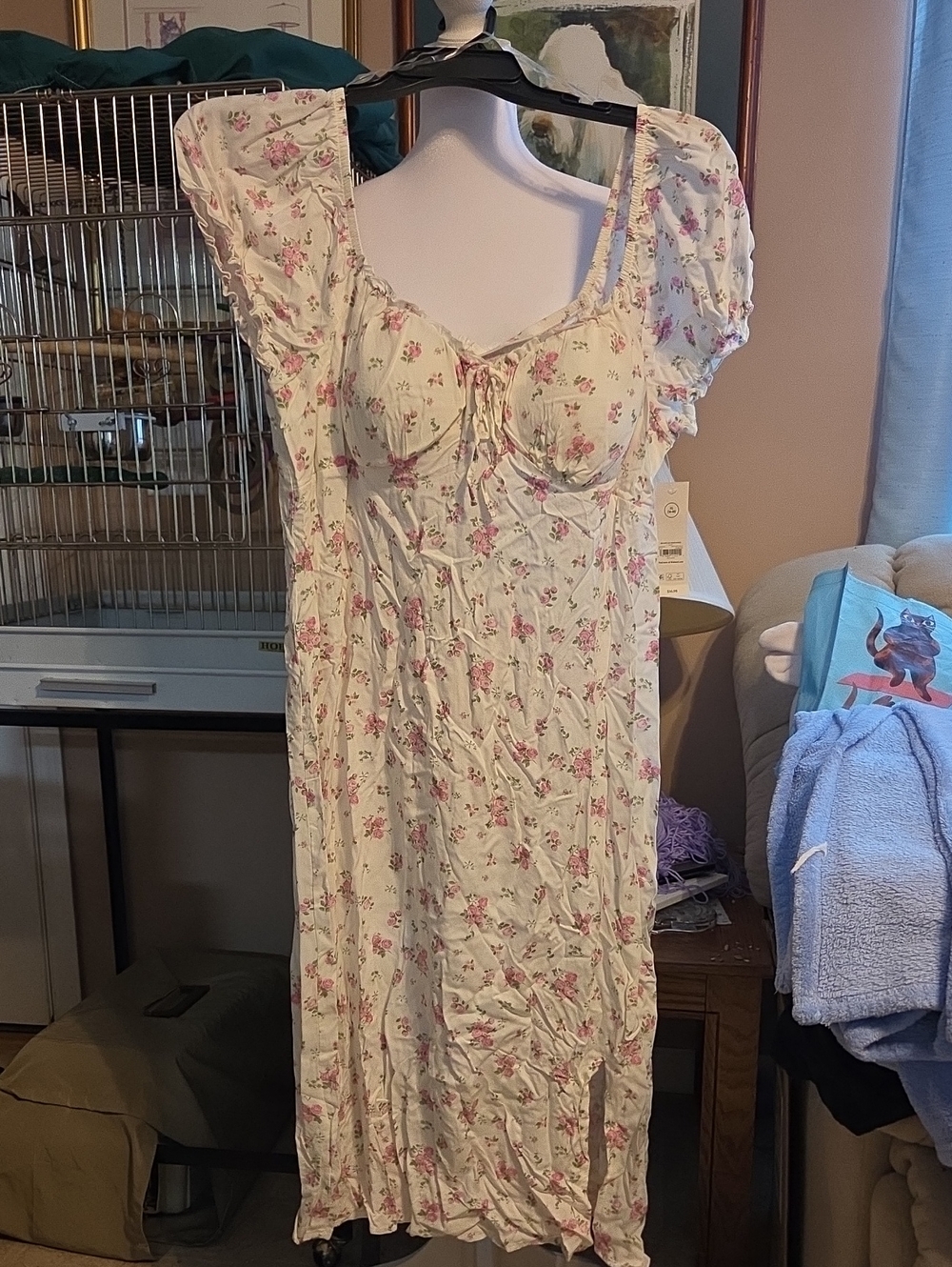 Floral Rayon Sundress in Cream with Pink Roses